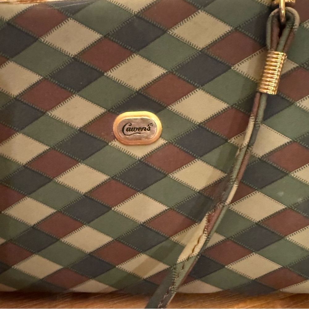 Cawen's Tan, Brown & Hunter Vintage Look Gold Handle Bag Like New - Picture 5 of 11